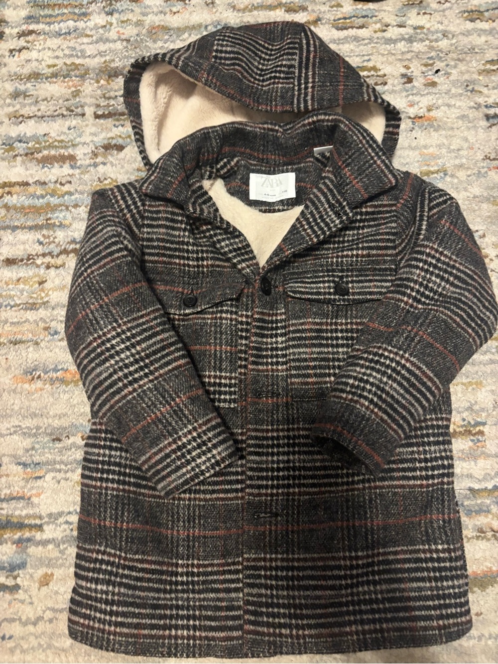 Zara Kids Plaid Hooded Coat in Charcoal and Cream